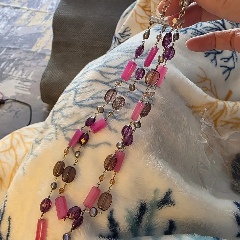 Purple, Pink & Smoky Glass Bead Double Layered Necklace 111